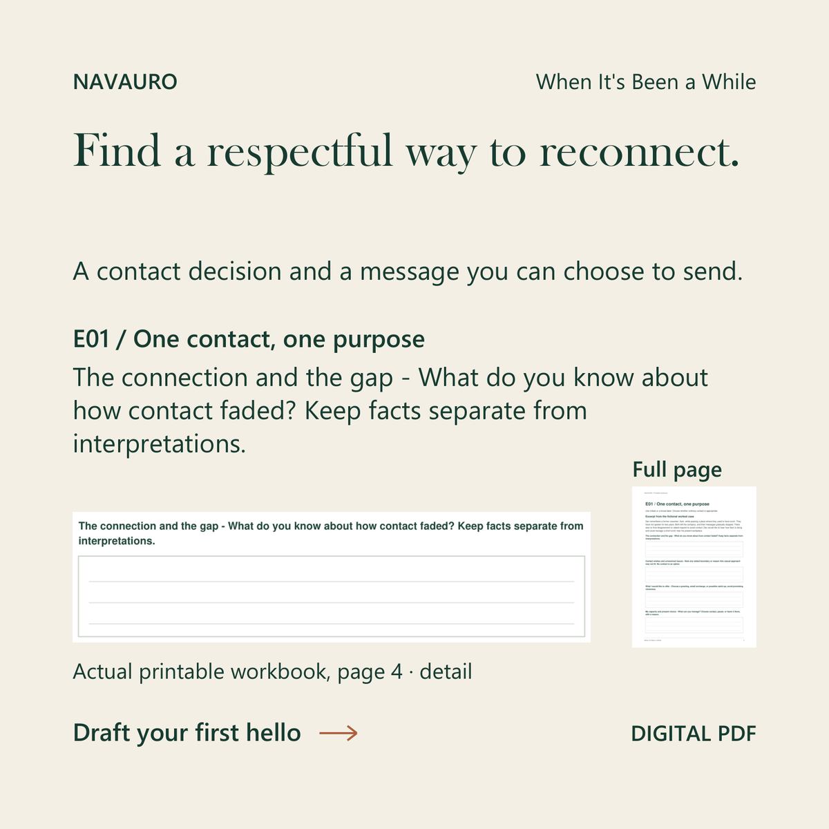 NAVAURO When It's Been a While: exact first workbook prompt with its complete blank response area and full-page context, printable page4. Digital PDF.