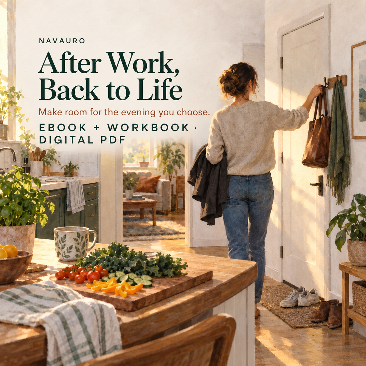 NAVAURO After Work, Back to Life — illustrated product-specific scene for a digital ebook and workbook; illustrative props are not shipped.