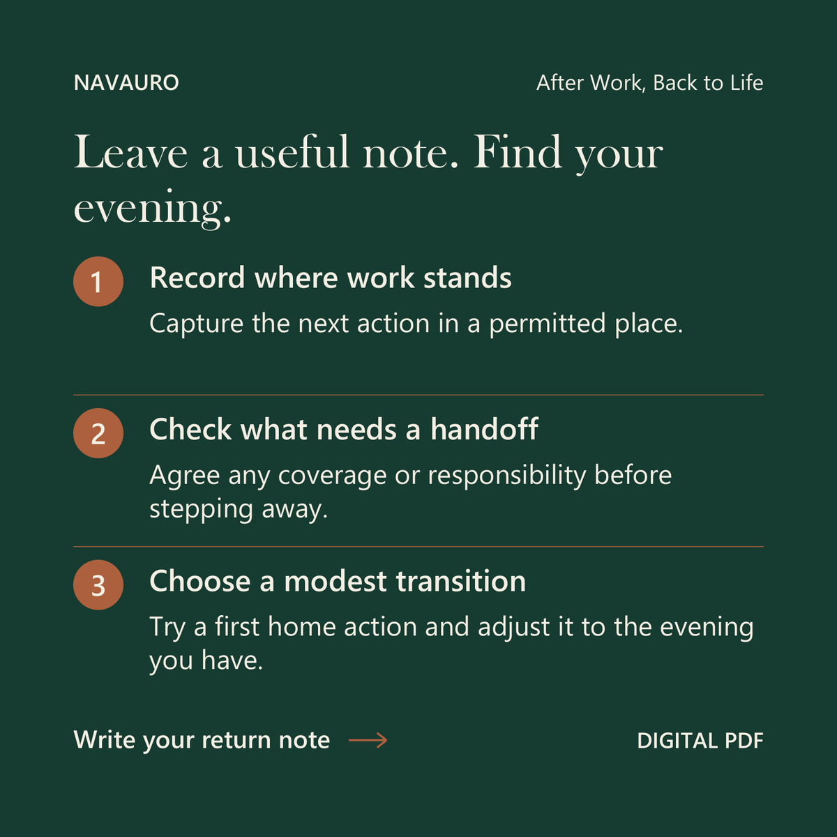 NAVAURO After Work, Back to Life: Leave a useful note. Find your evening. Digital PDF.