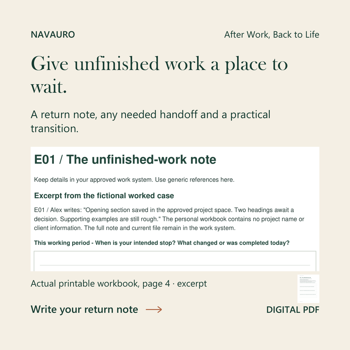 NAVAURO After Work, Back to Life: actual printable workbook page 4 excerpt and complete-page companion. Digital PDF.