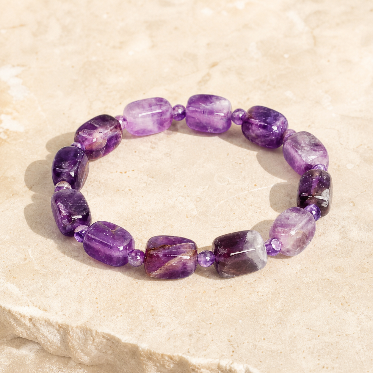 Amethyst rectangle and round bead bracelet on warm ivory stone