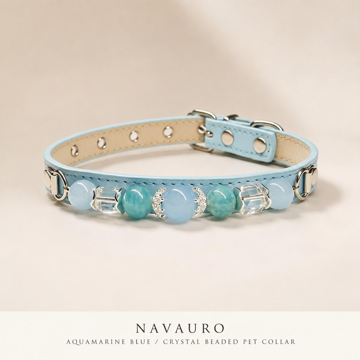 NAVAURO Aquamarine Beaded Dog Collar, Blue Adjustable Crystal Pet Collar — Etsy listing image 1
