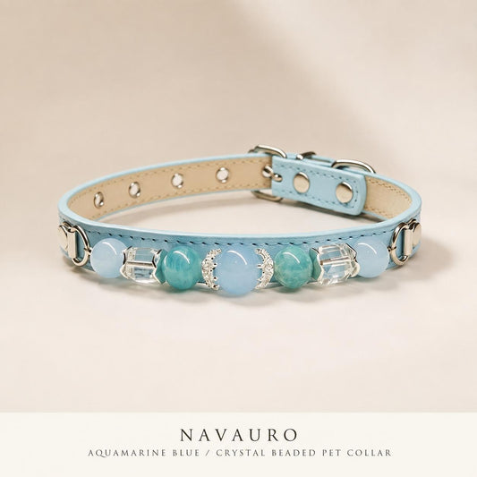 NAVAURO Aquamarine Beaded Dog Collar, Blue Adjustable Crystal Pet Collar — Etsy listing image 1