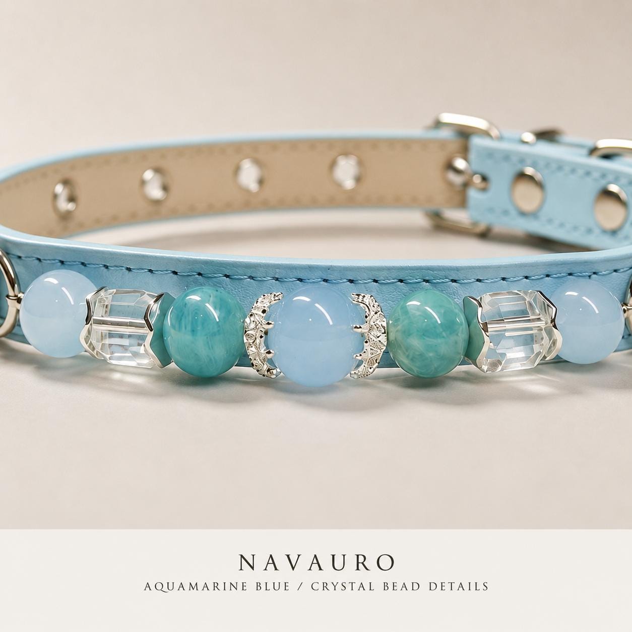 NAVAURO Aquamarine Beaded Dog Collar, Blue Adjustable Crystal Pet Collar — Etsy listing image 3