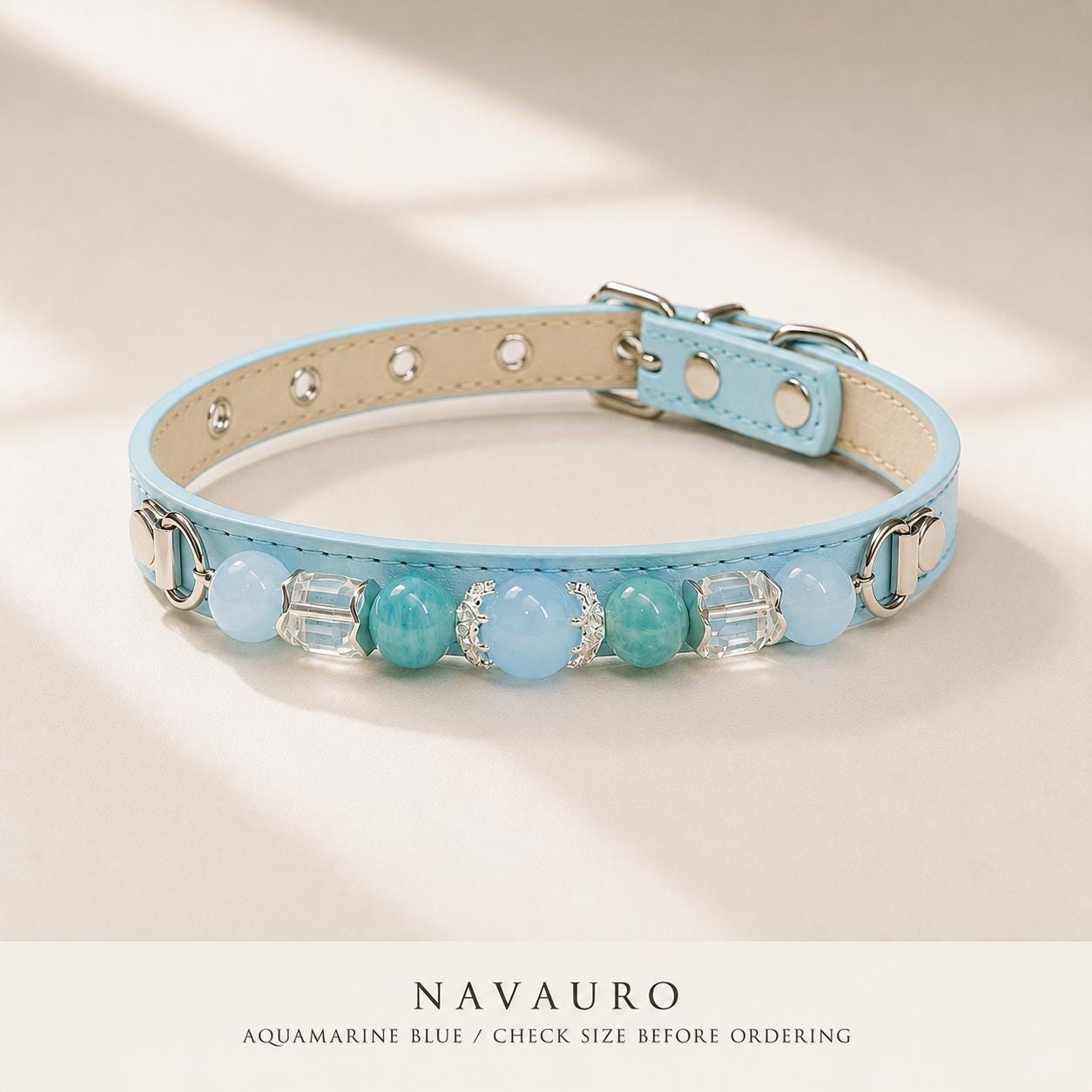 NAVAURO Aquamarine Beaded Dog Collar, Blue Adjustable Crystal Pet Collar — Etsy listing image 8