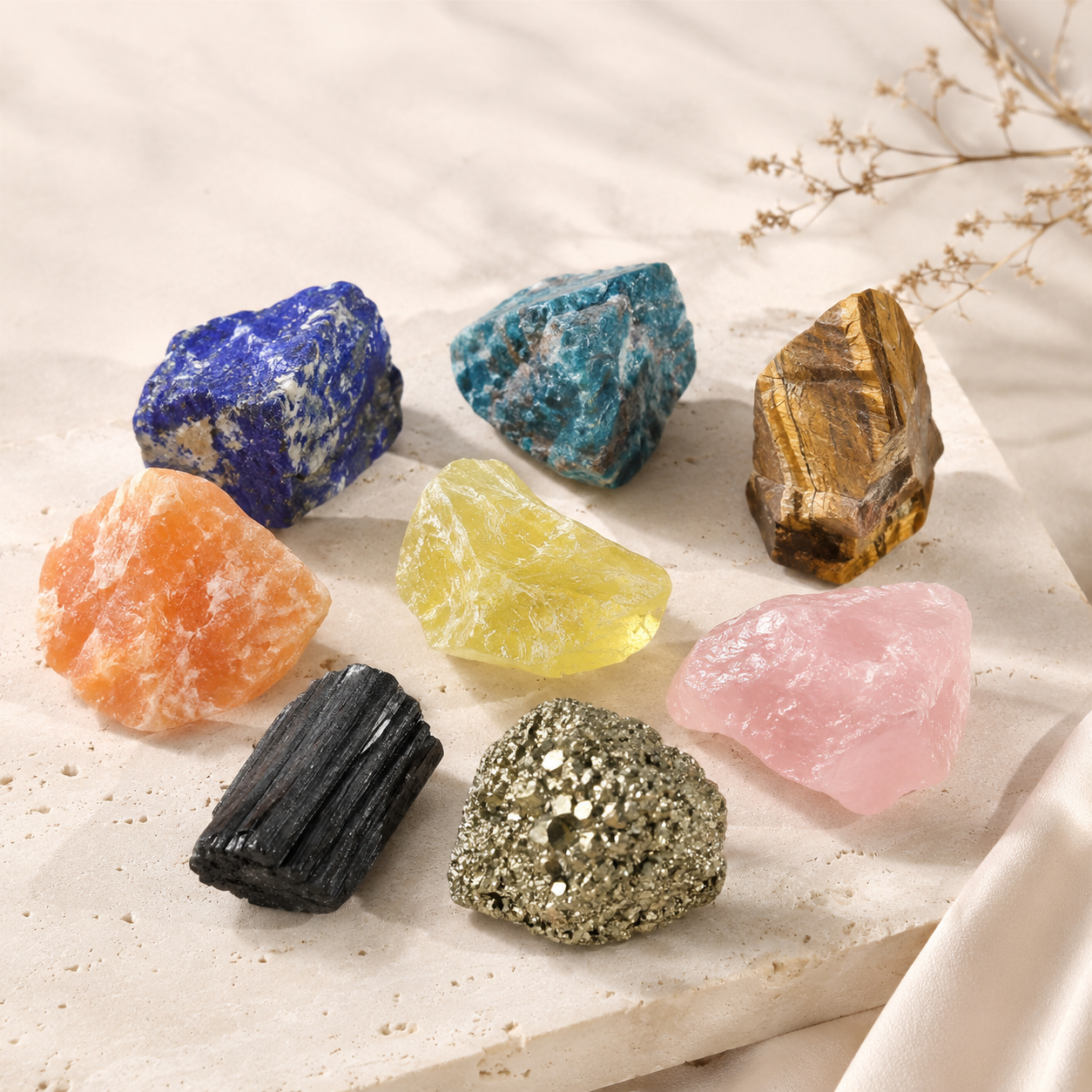 Assorted natural raw crystals on warm ivory stone
