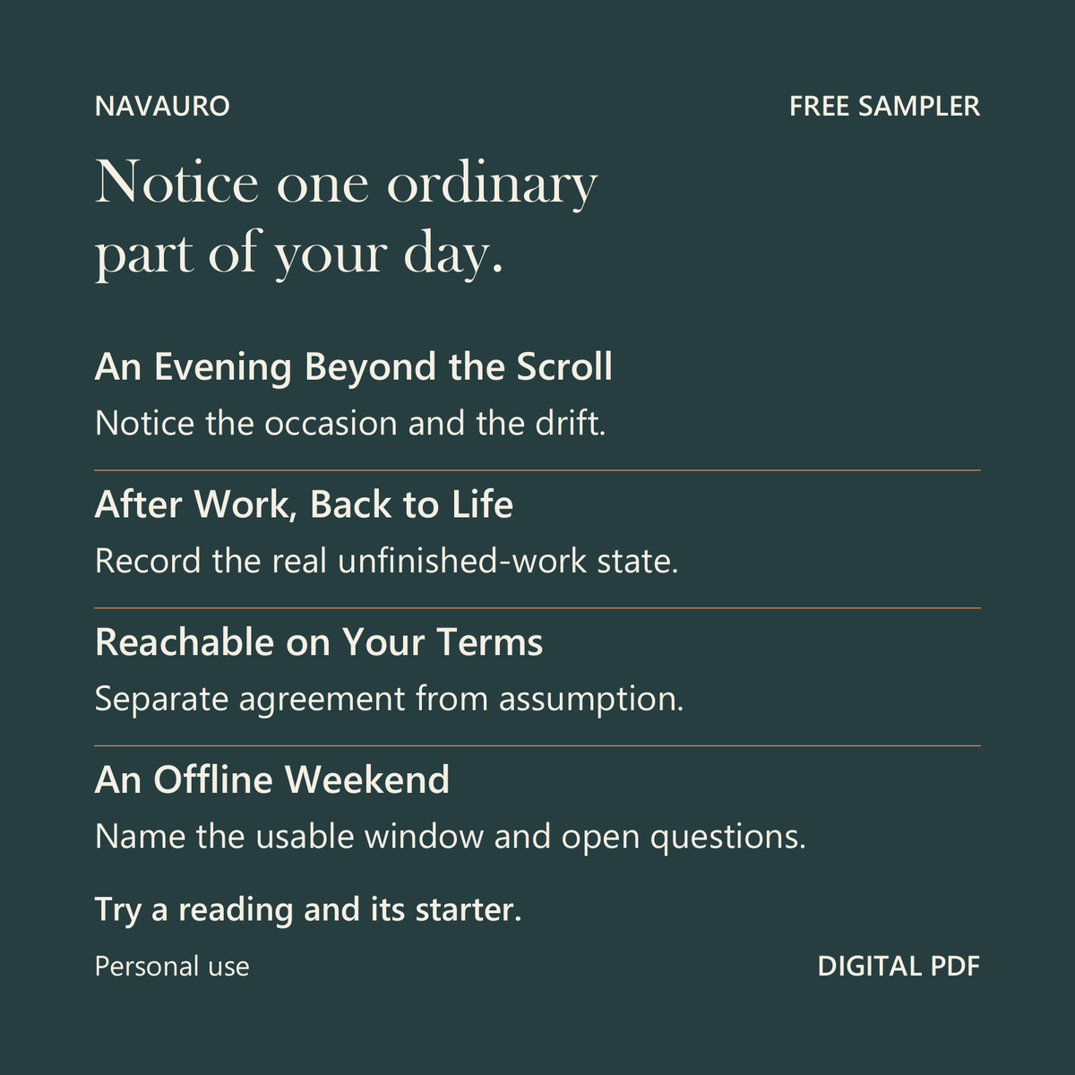 NAVAURO Back to Your Life Sampler - Notice one ordinary part of your day.. Try a reading and its starter.