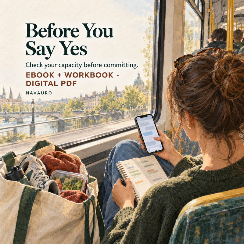 NAVAURO Before You Say Yes — illustrated product-specific scene for a digital ebook and workbook; illustrative props are not shipped.