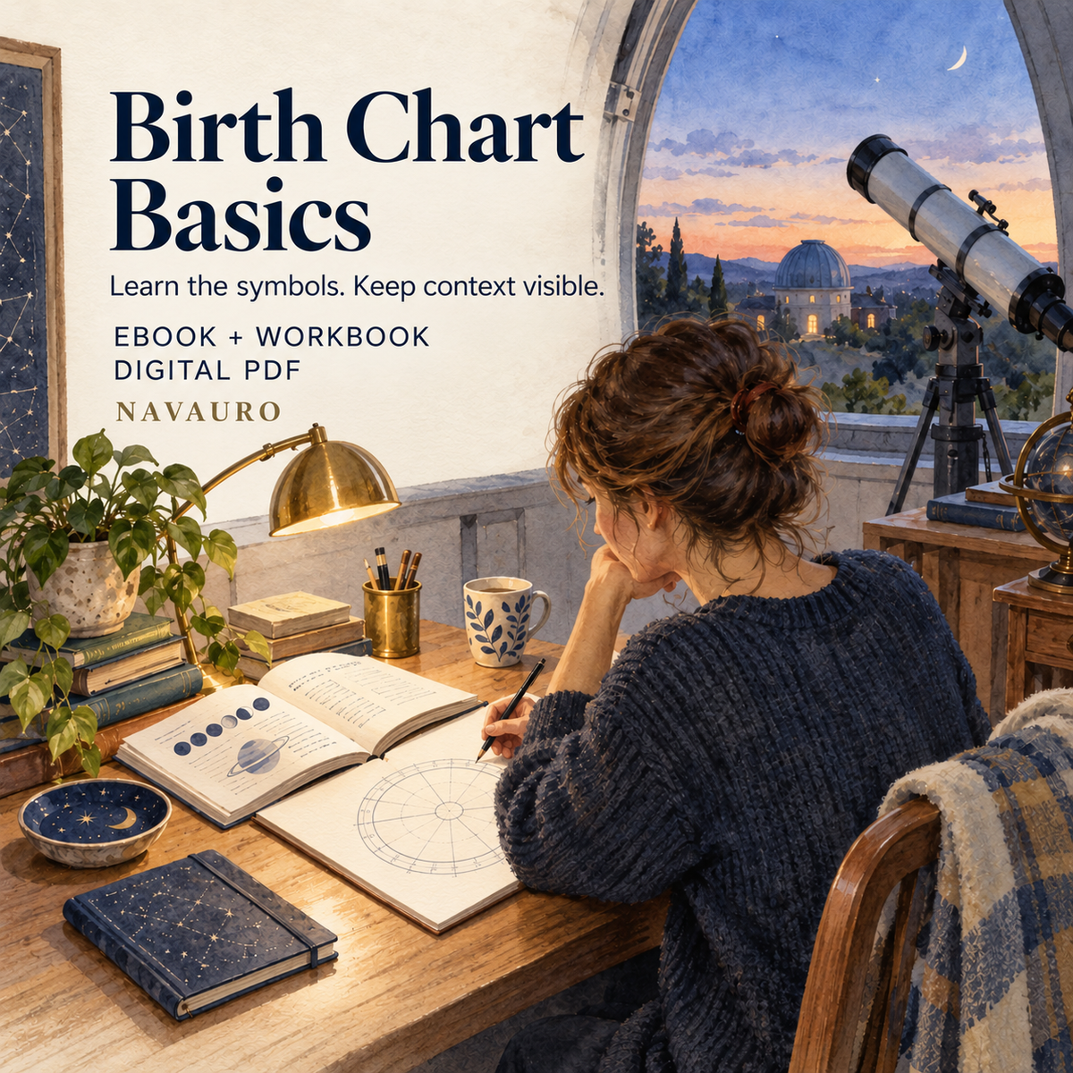 NAVAURO Birth Chart Basics digital ebook and workbook; illustrative lifestyle scene, no physical item included.