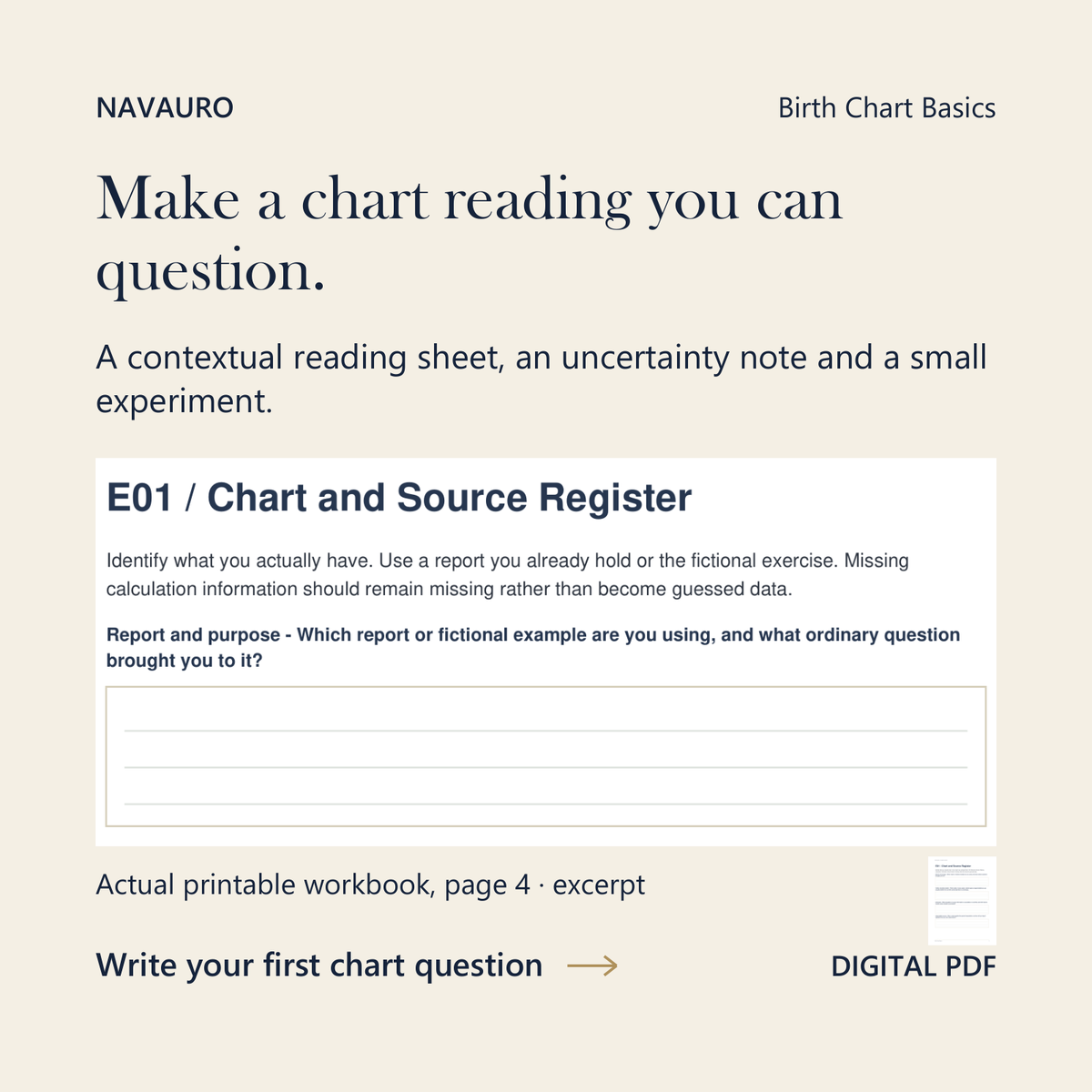 NAVAURO Birth Chart Basics: actual printable workbook page 4 excerpt and complete-page companion. Digital PDF.