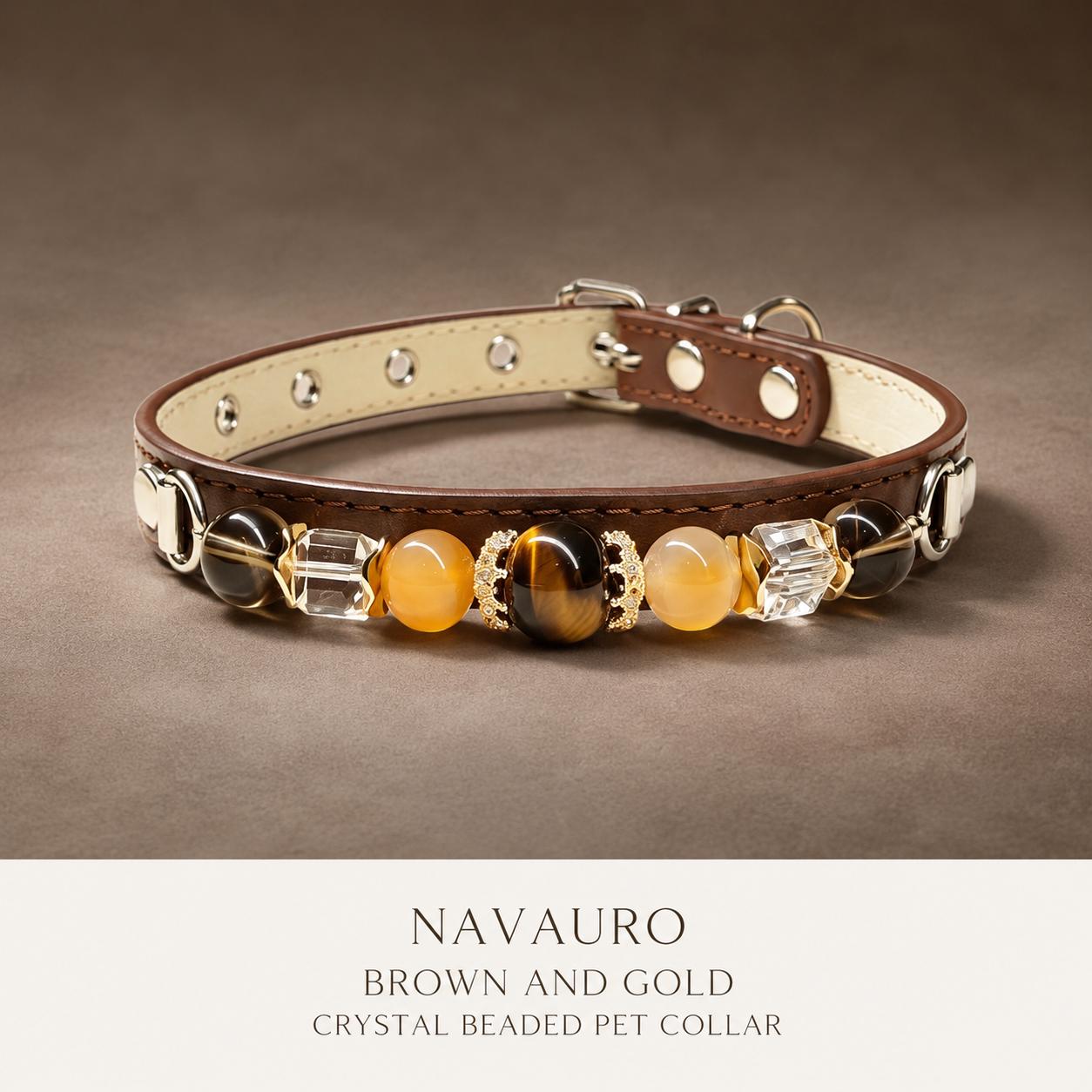 NAVAURO Brown and Gold Beaded Dog Collar, Adjustable Pet Collar — Etsy listing image 1