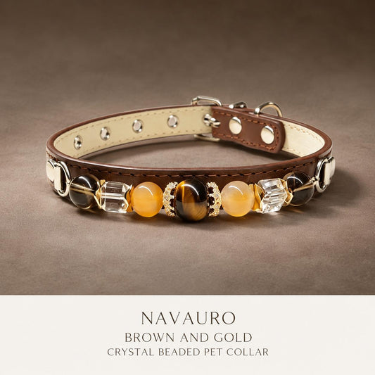 NAVAURO Brown and Gold Beaded Dog Collar, Adjustable Pet Collar — Etsy listing image 1