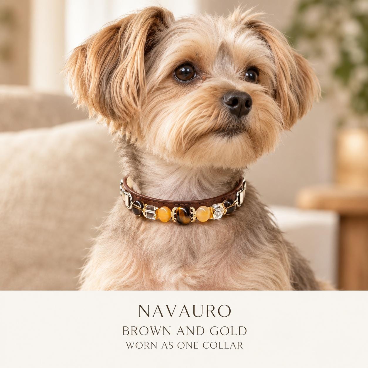 NAVAURO Brown and Gold Beaded Dog Collar, Adjustable Pet Collar — Etsy listing image 2
