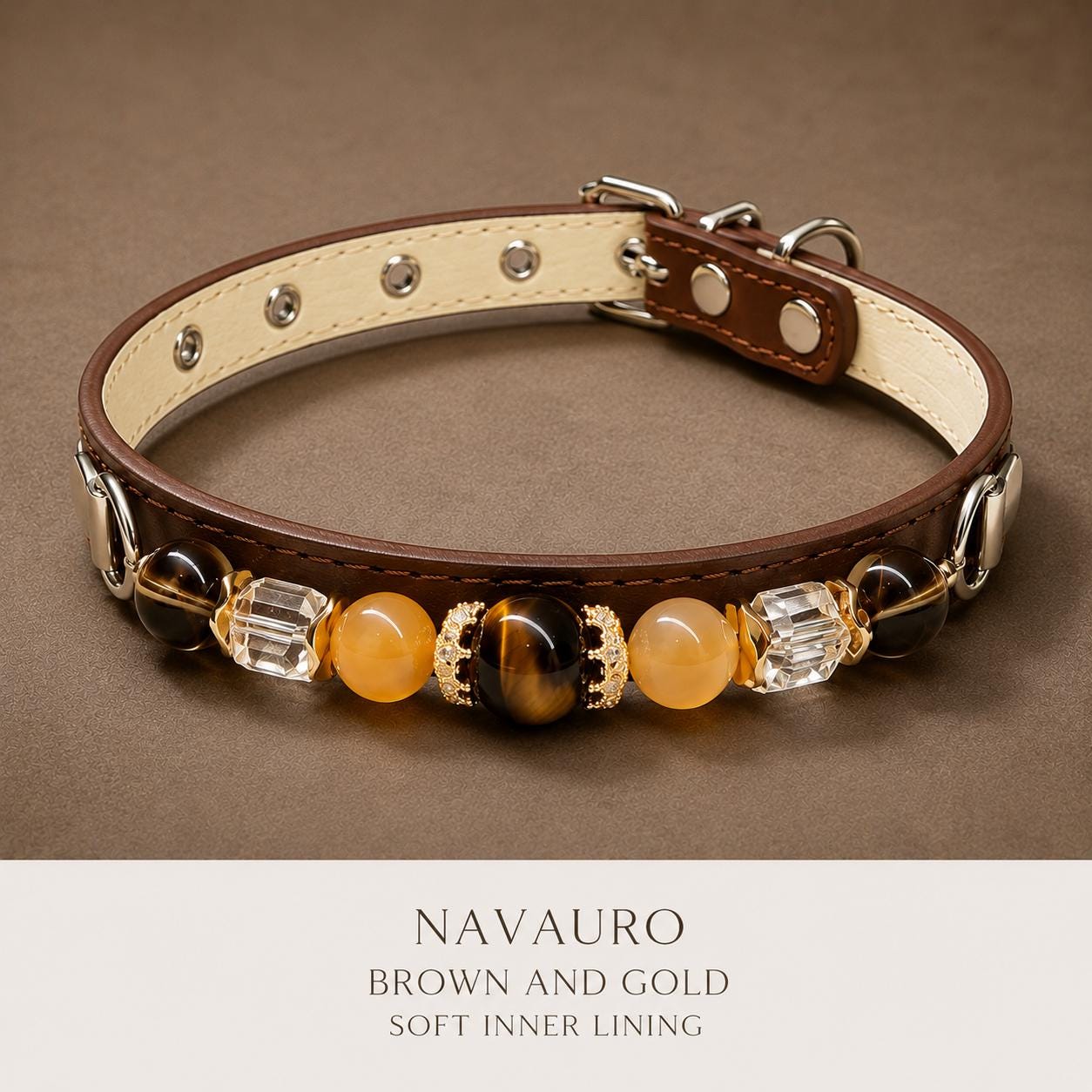 NAVAURO Brown and Gold Beaded Dog Collar, Adjustable Pet Collar — Etsy listing image 5