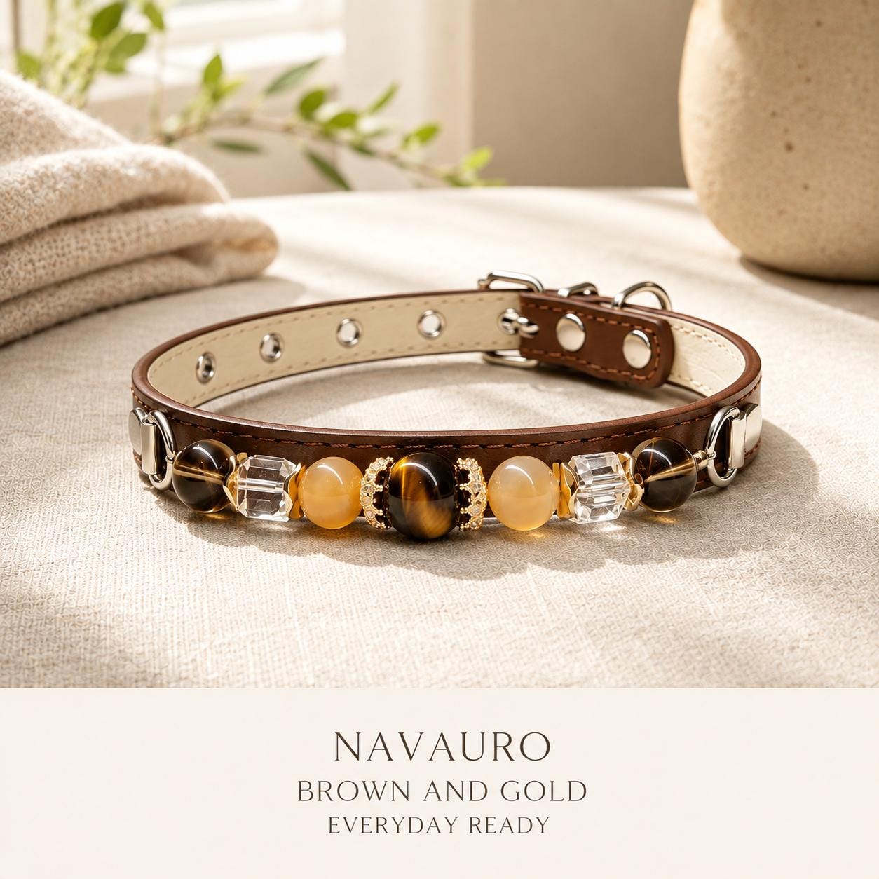 NAVAURO Brown and Gold Beaded Dog Collar, Adjustable Pet Collar — Etsy listing image 7