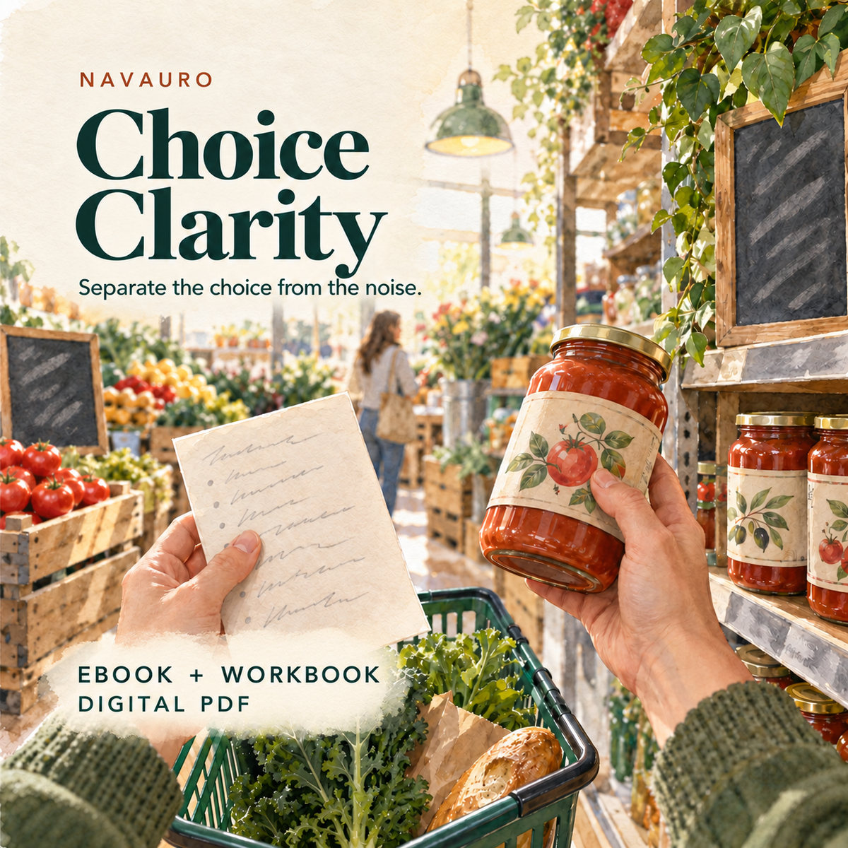 NAVAURO Choice Clarity — illustrated product-specific scene for a digital ebook and workbook; illustrative props are not shipped.