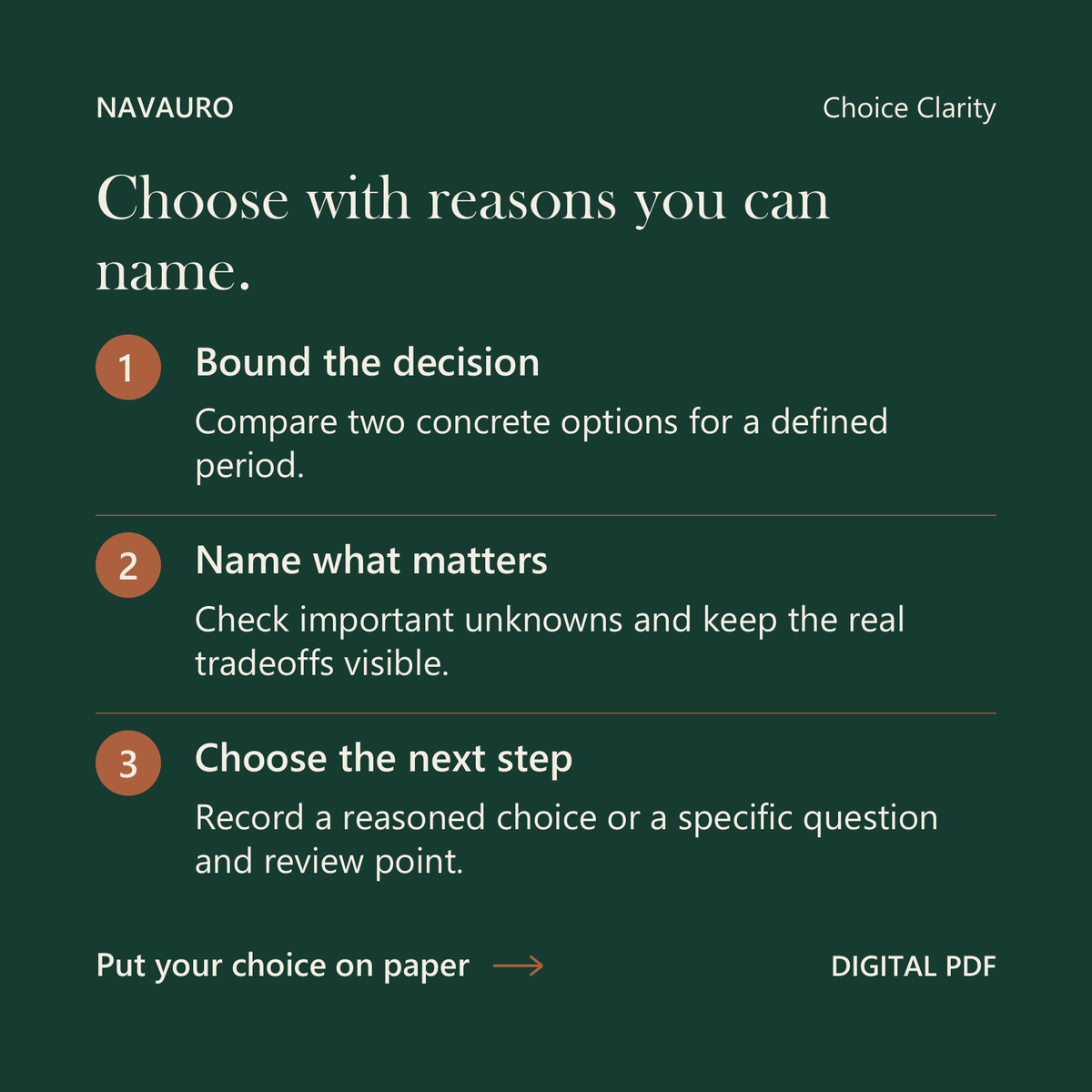 NAVAURO Choice Clarity: Choose with reasons you can name. Digital PDF.