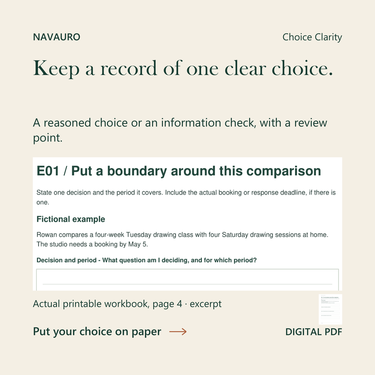NAVAURO Choice Clarity: actual printable workbook page 4 excerpt and complete-page companion. Digital PDF.