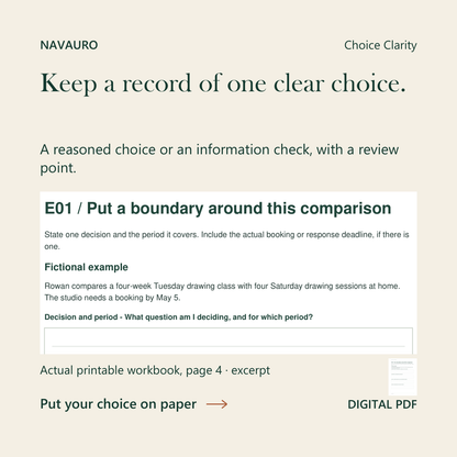 NAVAURO Choice Clarity: actual printable workbook page 4 excerpt and complete-page companion. Digital PDF.