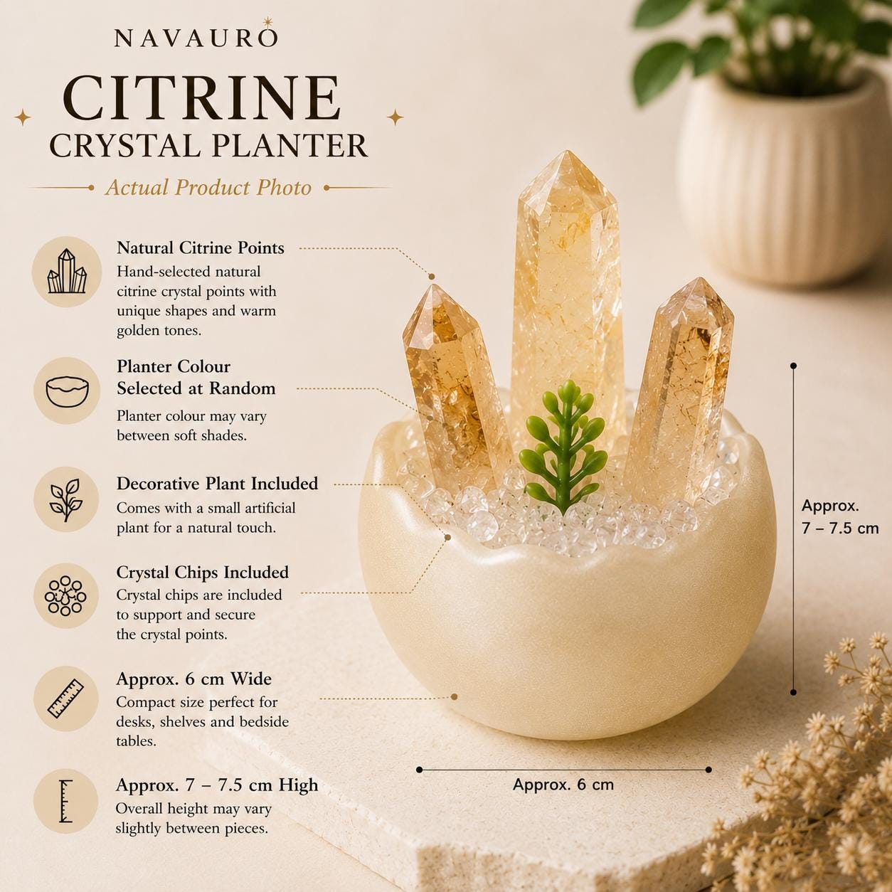 NAVAURO Citrine crystal desk planter — Etsy listing image