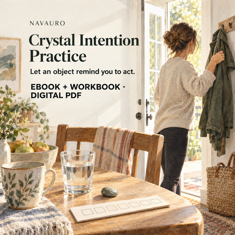 NAVAURO Crystal Intention Practice digital ebook and workbook; illustrative lifestyle scene, no physical item included.