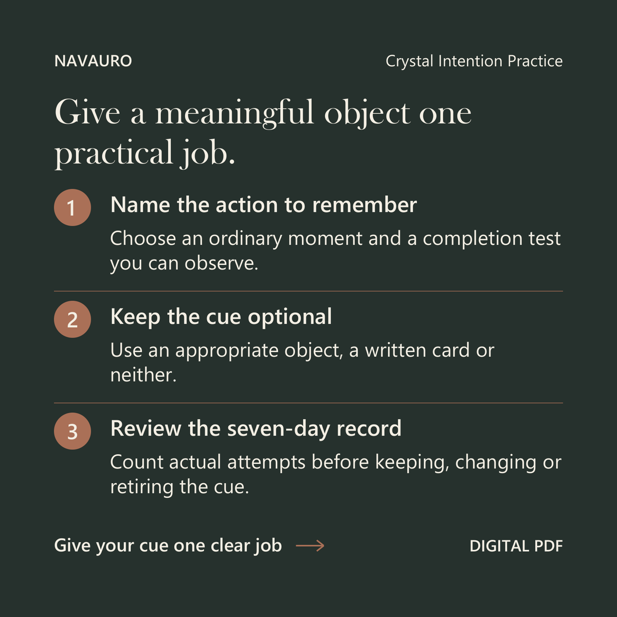 NAVAURO Crystal Intention Practice: Give a meaningful object one practical job. Digital PDF.