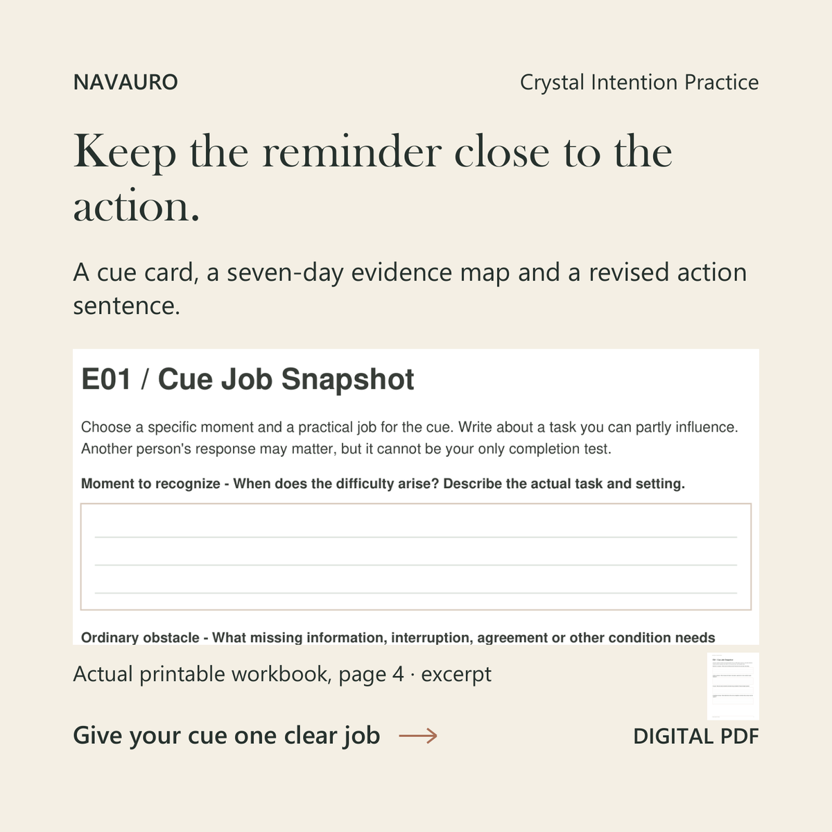 NAVAURO Crystal Intention Practice: actual printable workbook page 4 excerpt and complete-page companion. Digital PDF.