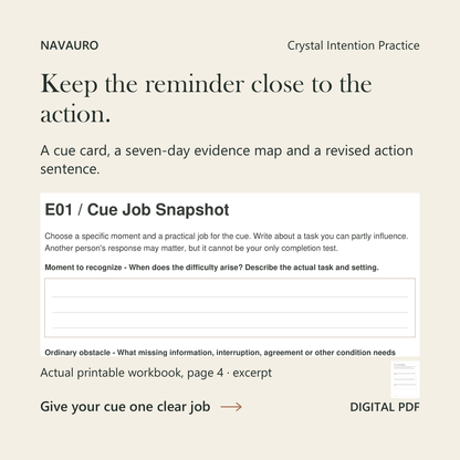 NAVAURO Crystal Intention Practice: actual printable workbook page 4 excerpt and complete-page companion. Digital PDF.
