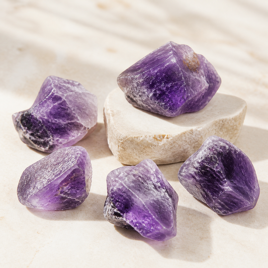 Deep purple raw amethyst crystals on warm ivory stone