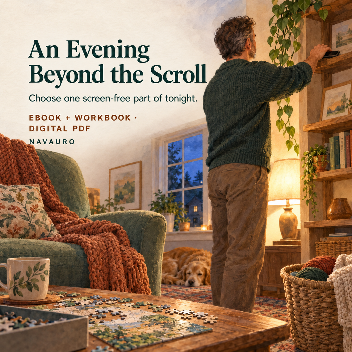 NAVAURO An Evening Beyond the Scroll — illustrated product-specific scene for a digital ebook and workbook; illustrative props are not shipped.