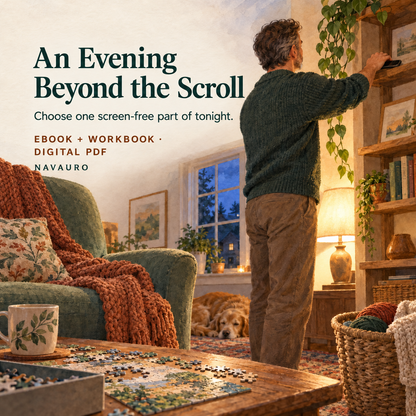NAVAURO An Evening Beyond the Scroll — illustrated product-specific scene for a digital ebook and workbook; illustrative props are not shipped.