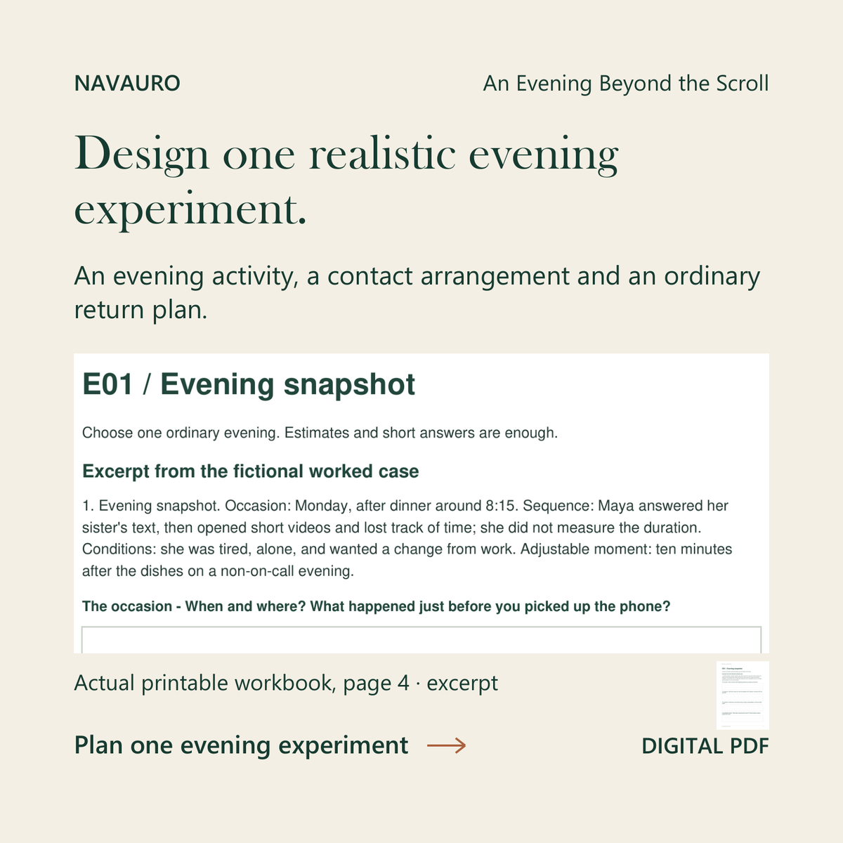 Actual printable workbook-page preview for Digital Detox Evening — Guided Ebook + Printable &amp; Fillable Workbook