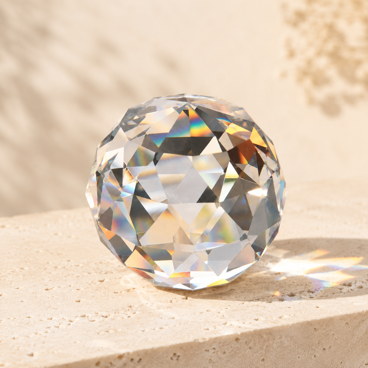 Faceted clear crystal suncatcher sphere on warm ivory stone