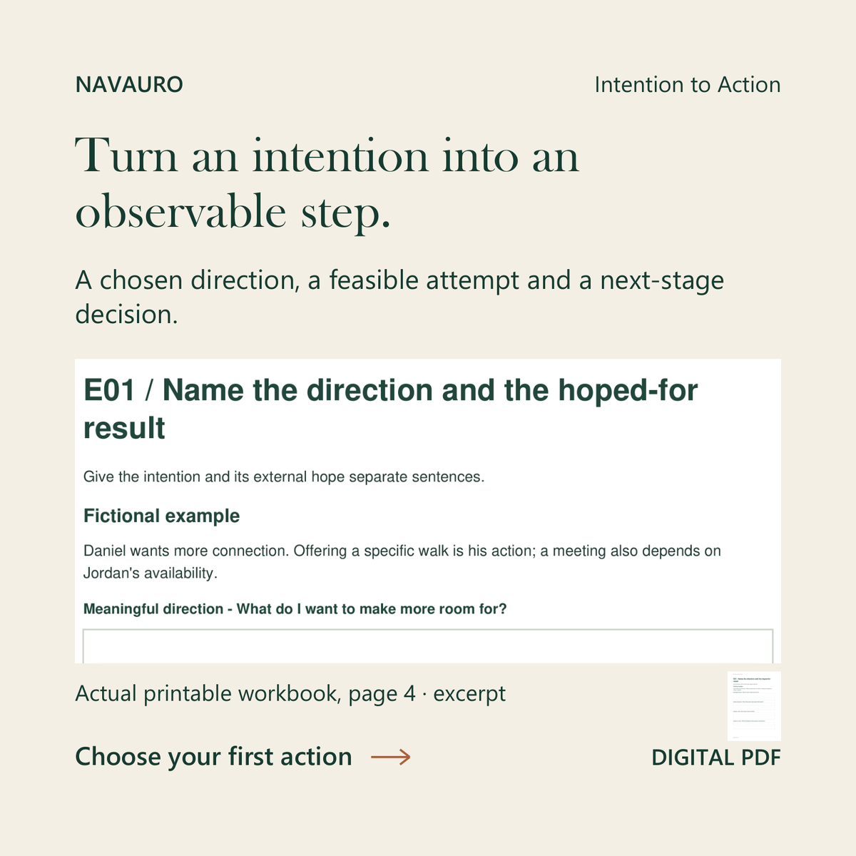 NAVAURO Intention to Action: actual printable workbook page 4 excerpt and complete-page companion. Digital PDF.