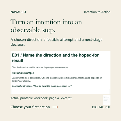 NAVAURO Intention to Action: actual printable workbook page 4 excerpt and complete-page companion. Digital PDF.