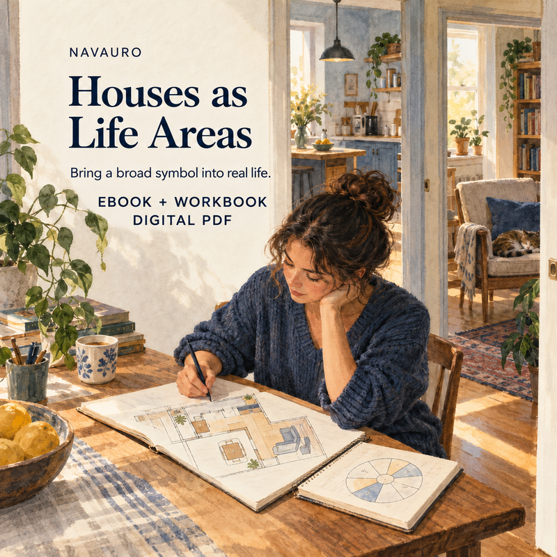 NAVAURO Houses as Life Areas digital ebook and workbook; illustrative lifestyle scene, no physical item included.