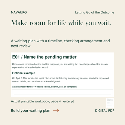 NAVAURO Letting Go of the Outcome: actual printable workbook page 4 excerpt and complete-page companion. Digital PDF.