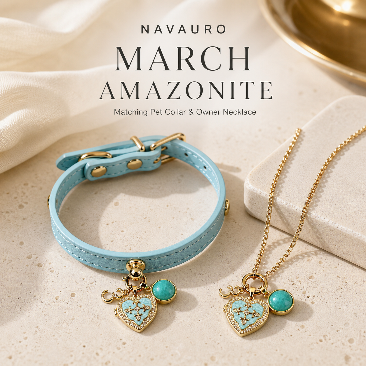 March Amazonite pet collar and owner necklace set