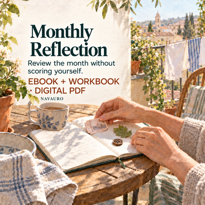 NAVAURO Monthly Reflection digital ebook and workbook; illustrative lifestyle scene, no physical item included.