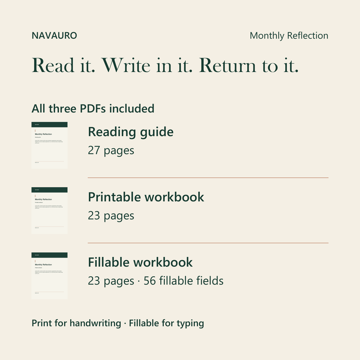 NAVAURO Monthly Reflection: all three PDFs included; 27-page reading guide, 23-page printable workbook and 23-page fillable workbook with 56 fields.