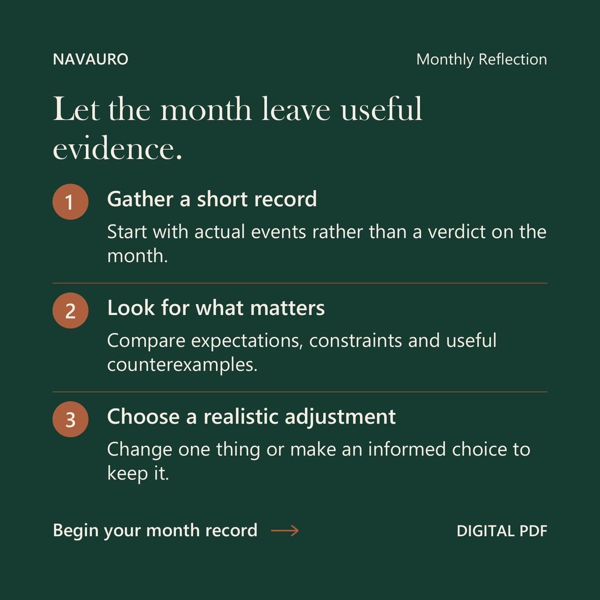 NAVAURO Monthly Reflection: Let the month leave useful evidence. Digital PDF.