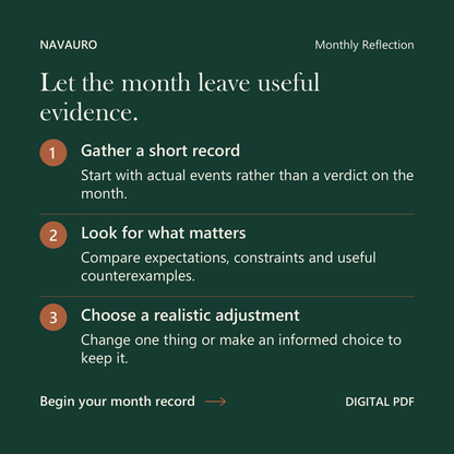 NAVAURO Monthly Reflection: Let the month leave useful evidence. Digital PDF.