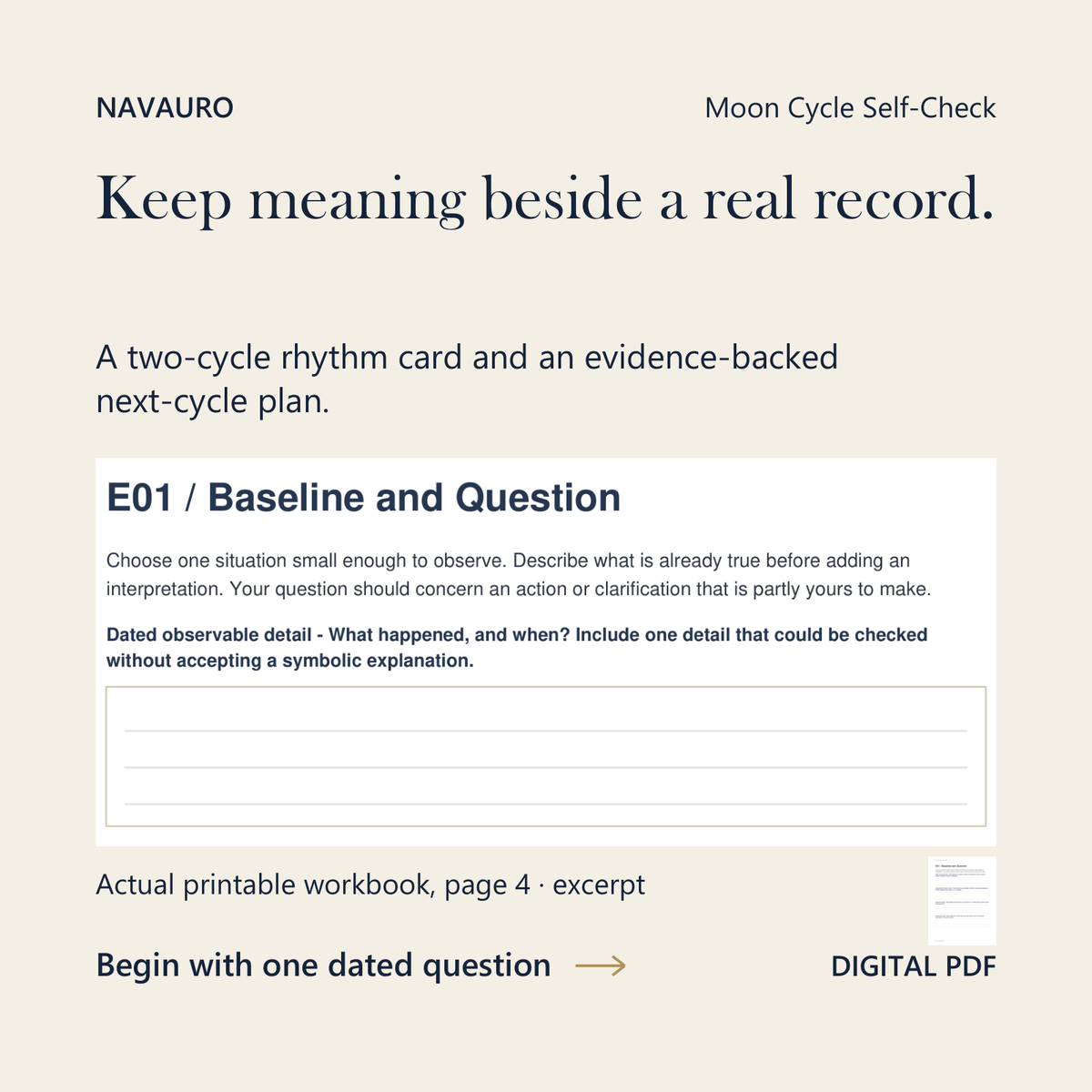 NAVAURO Moon Cycle Self-Check: actual printable workbook page 4 excerpt and complete-page companion. Digital PDF.