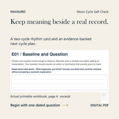 NAVAURO Moon Cycle Self-Check: actual printable workbook page 4 excerpt and complete-page companion. Digital PDF.