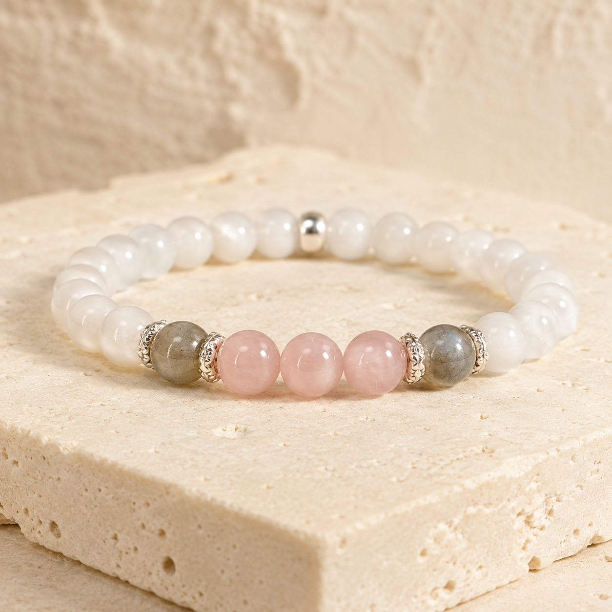 Moonstone, labradorite and rose quartz bracelet on warm ivory limestone