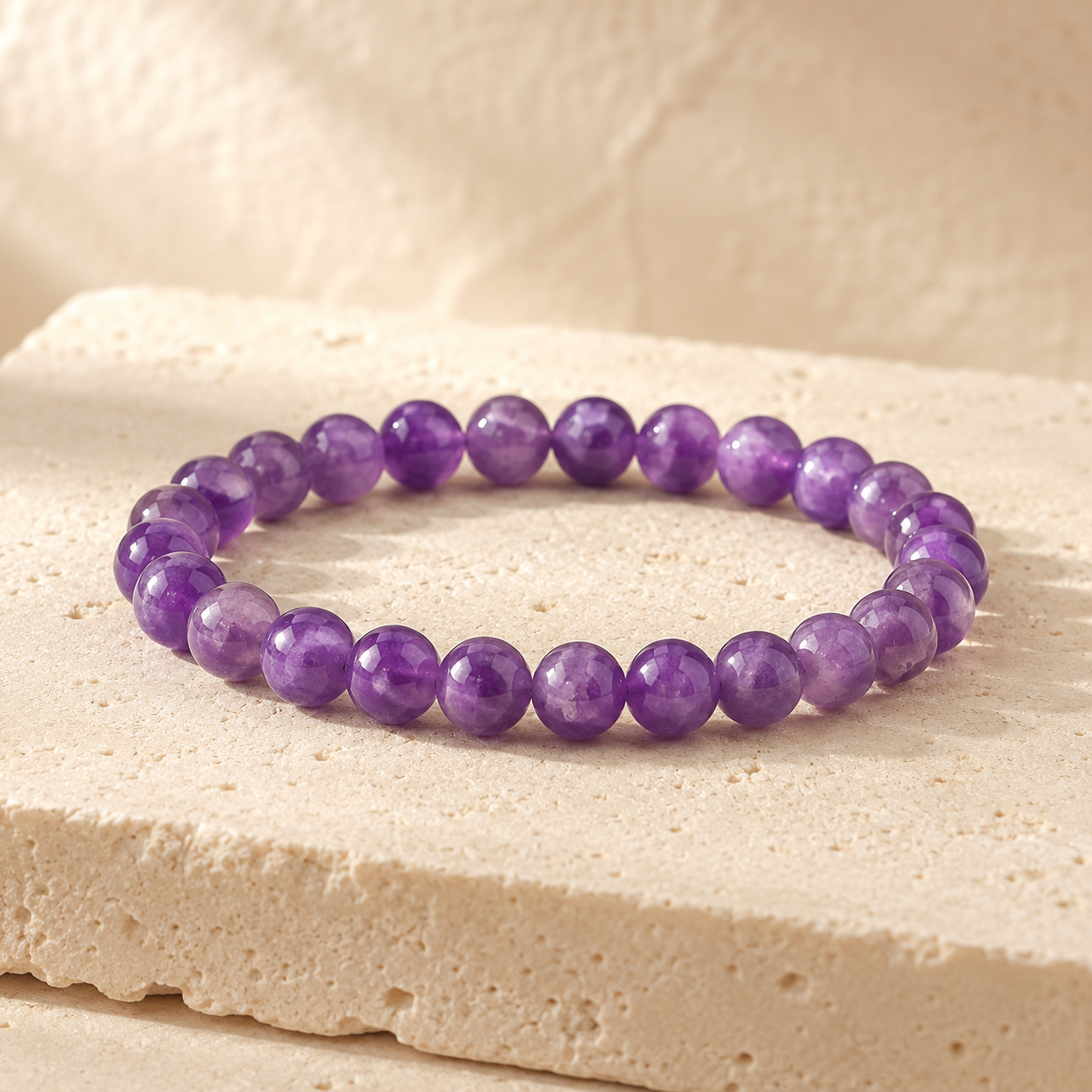 Natural amethyst bead bracelet on warm ivory limestone