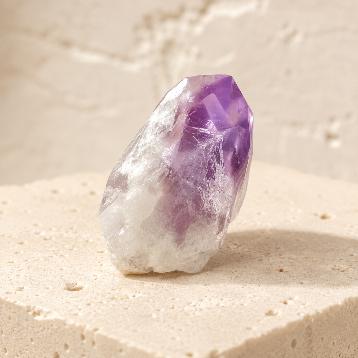 Natural amethyst crystal point on warm ivory limestone