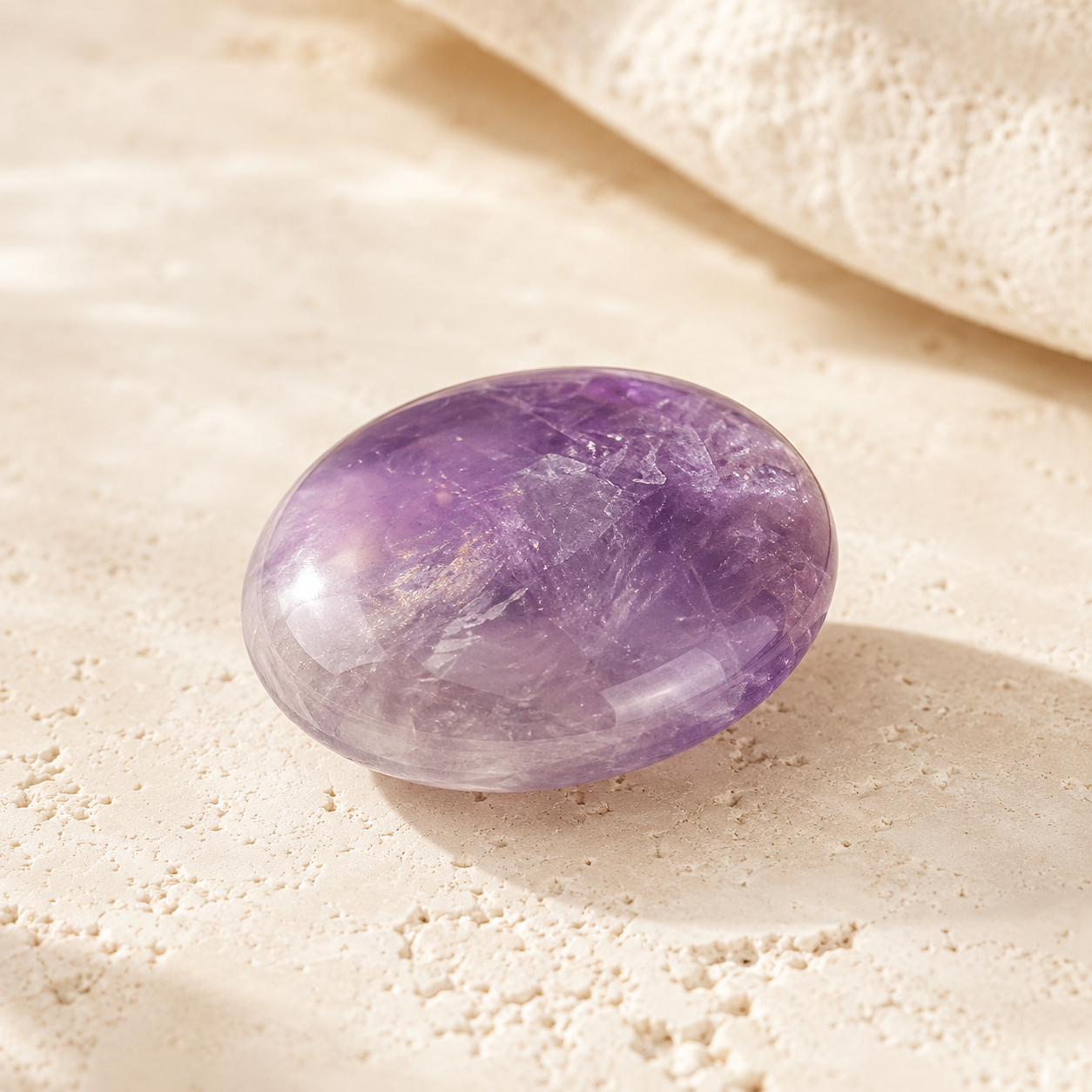 Natural amethyst palm stone on warm ivory limestone