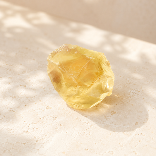 Natural citrine raw crystal on warm ivory limestone