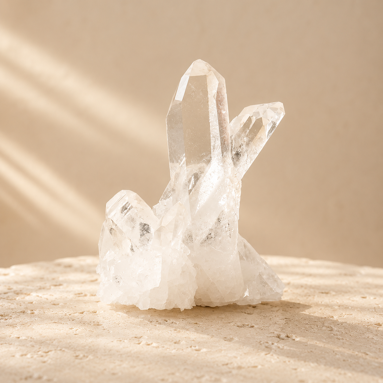 Natural clear quartz cluster on warm ivory limestone